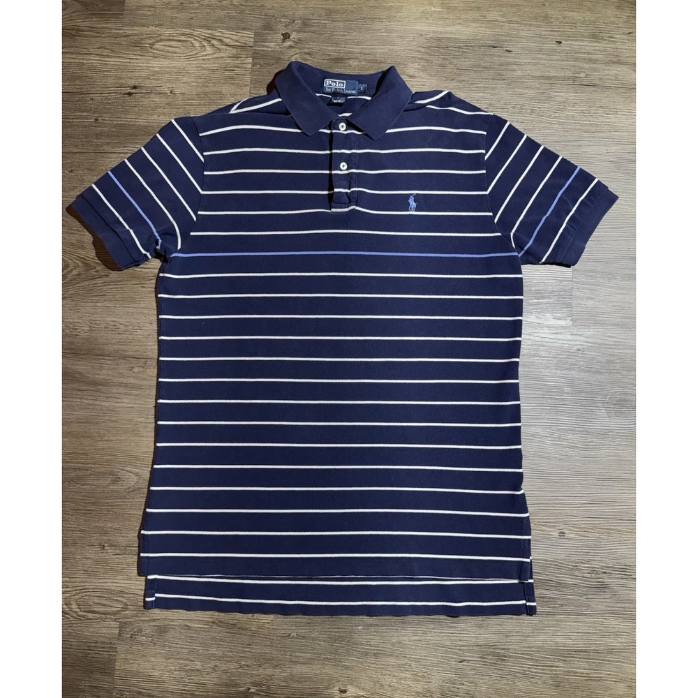 Polo Ralph Lauren Men's L Navy Blue Striped Polo Shirt Short Sleeve Classic Fit